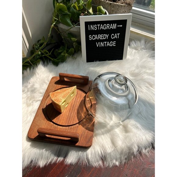 Wooden vintage cheese tray board glass dome top lidded charcuterie plastic - Picture 2 of 7